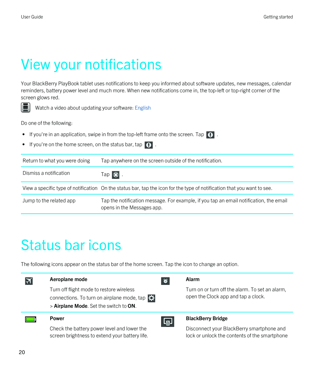 Blackberry 2.0.1 manual View your notifications, Status bar icons, Aeroplane mode, Alarm, Power, BlackBerry Bridge 