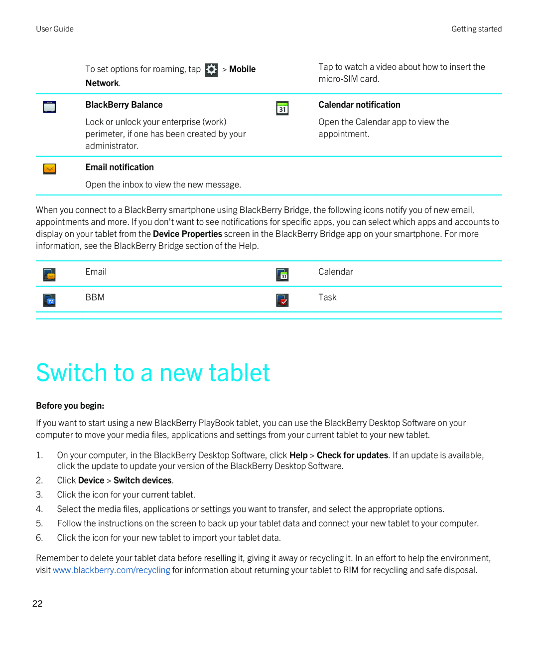 Blackberry 2.0.1 Switch to a new tablet, Mobile, Network, BlackBerry Balance, Calendar notification, Email notification 