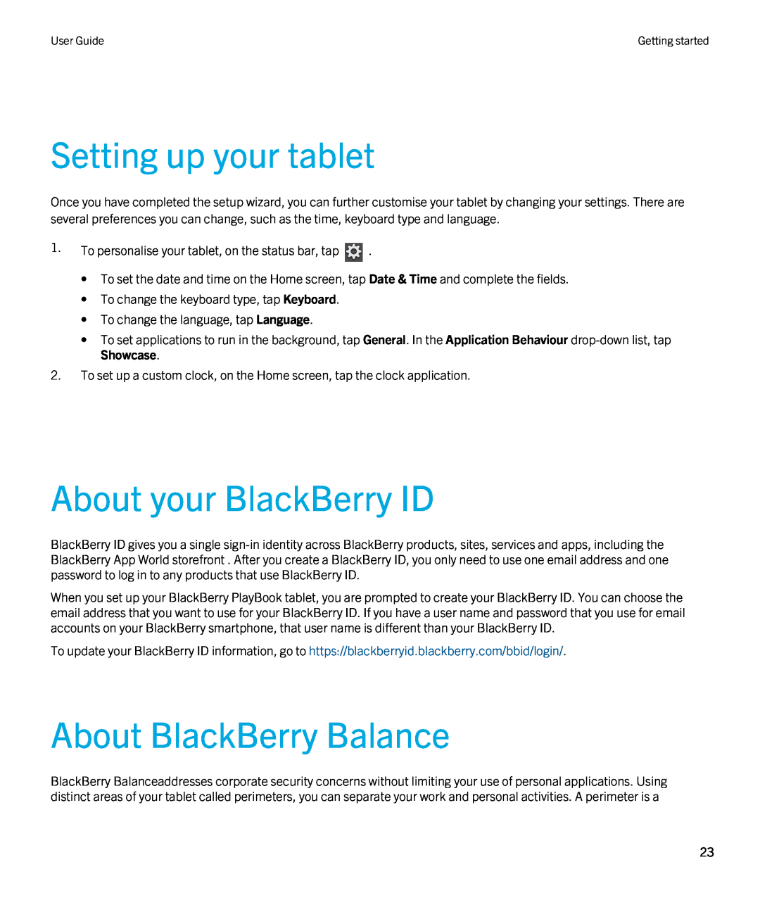 Blackberry 2.0.1 manual Setting up your tablet, About your BlackBerry ID, About BlackBerry Balance 