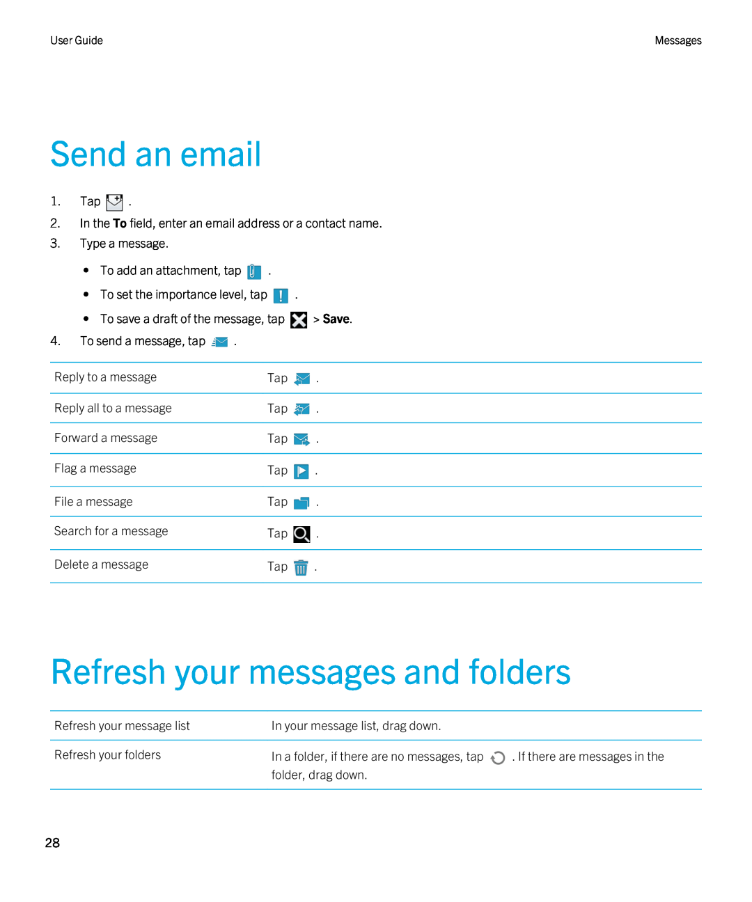 Blackberry 2.0.1 manual Send an email, Refresh your messages and folders 