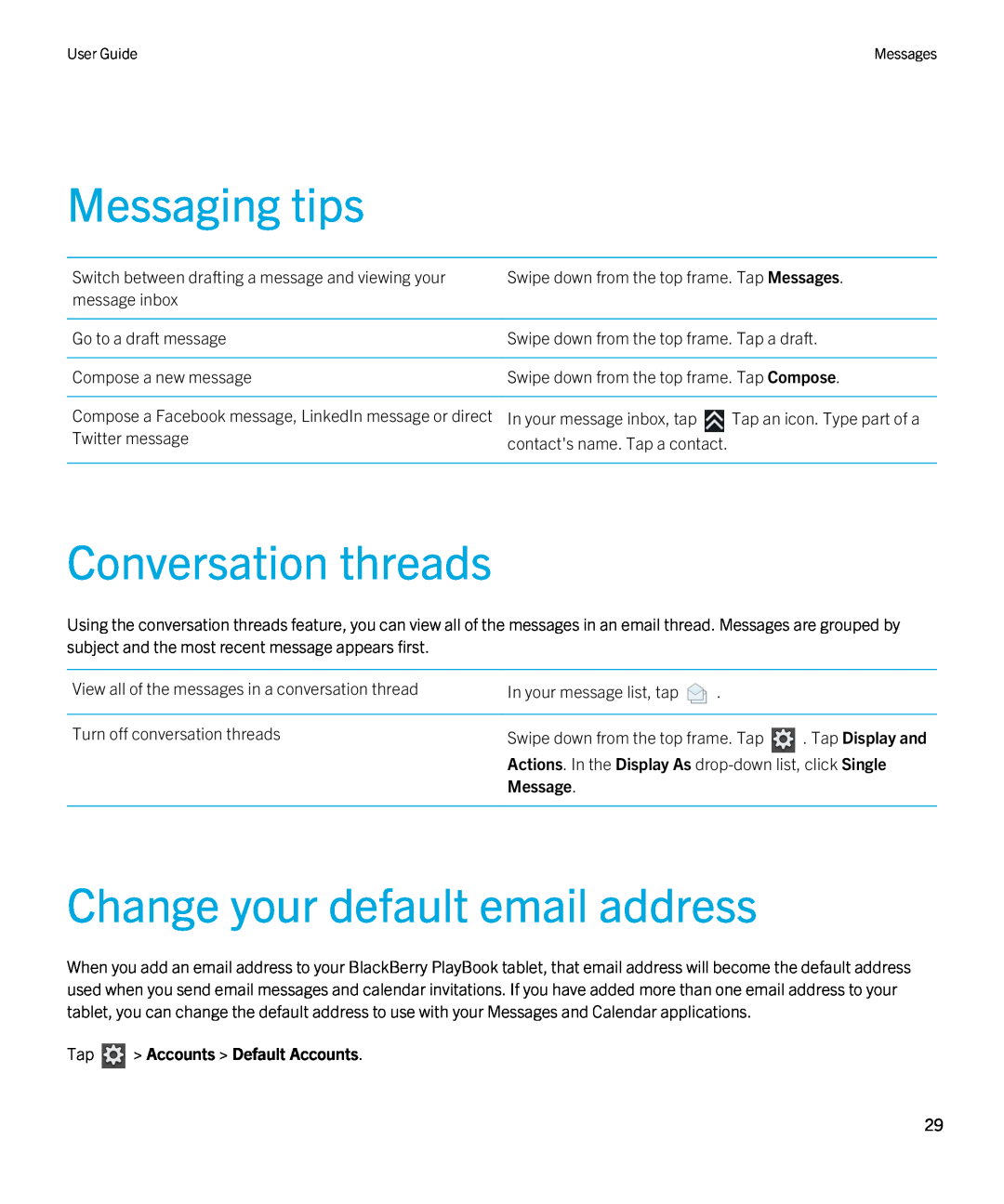 Blackberry 2.0.1 manual Messaging tips, Conversation threads, Change your default email address, Tap Display and, Message 