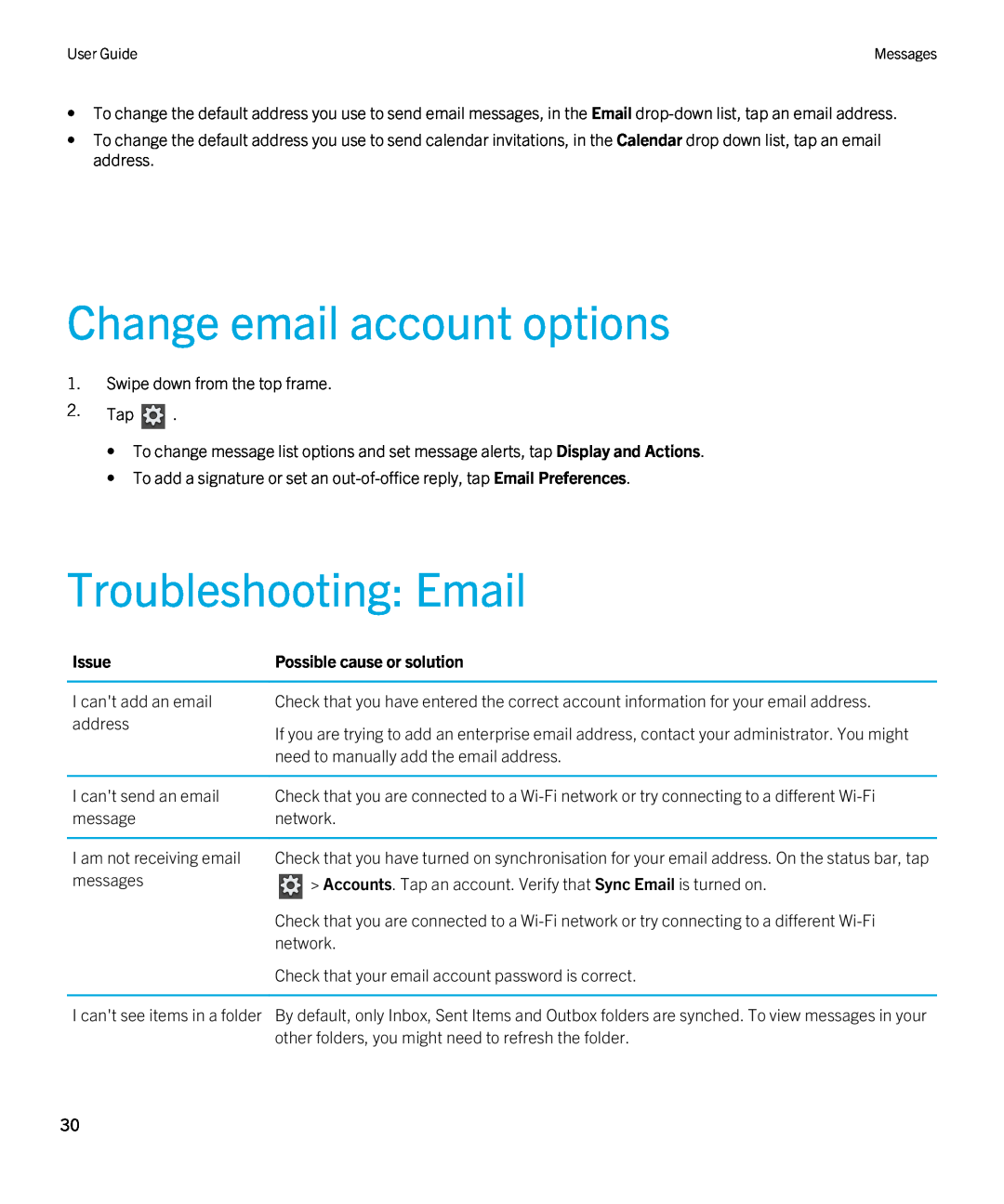 Blackberry 2.0.1 manual Change email account options, Troubleshooting Email, Issue 