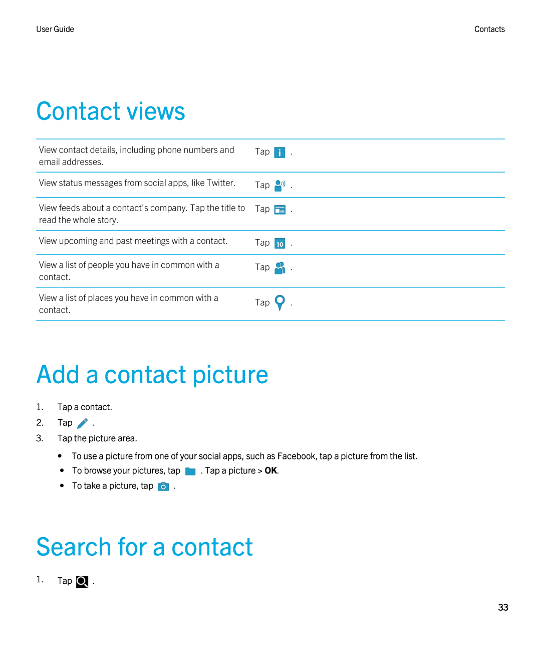 Blackberry 2.0.1 manual Contact views, Add a contact picture, Search for a contact 