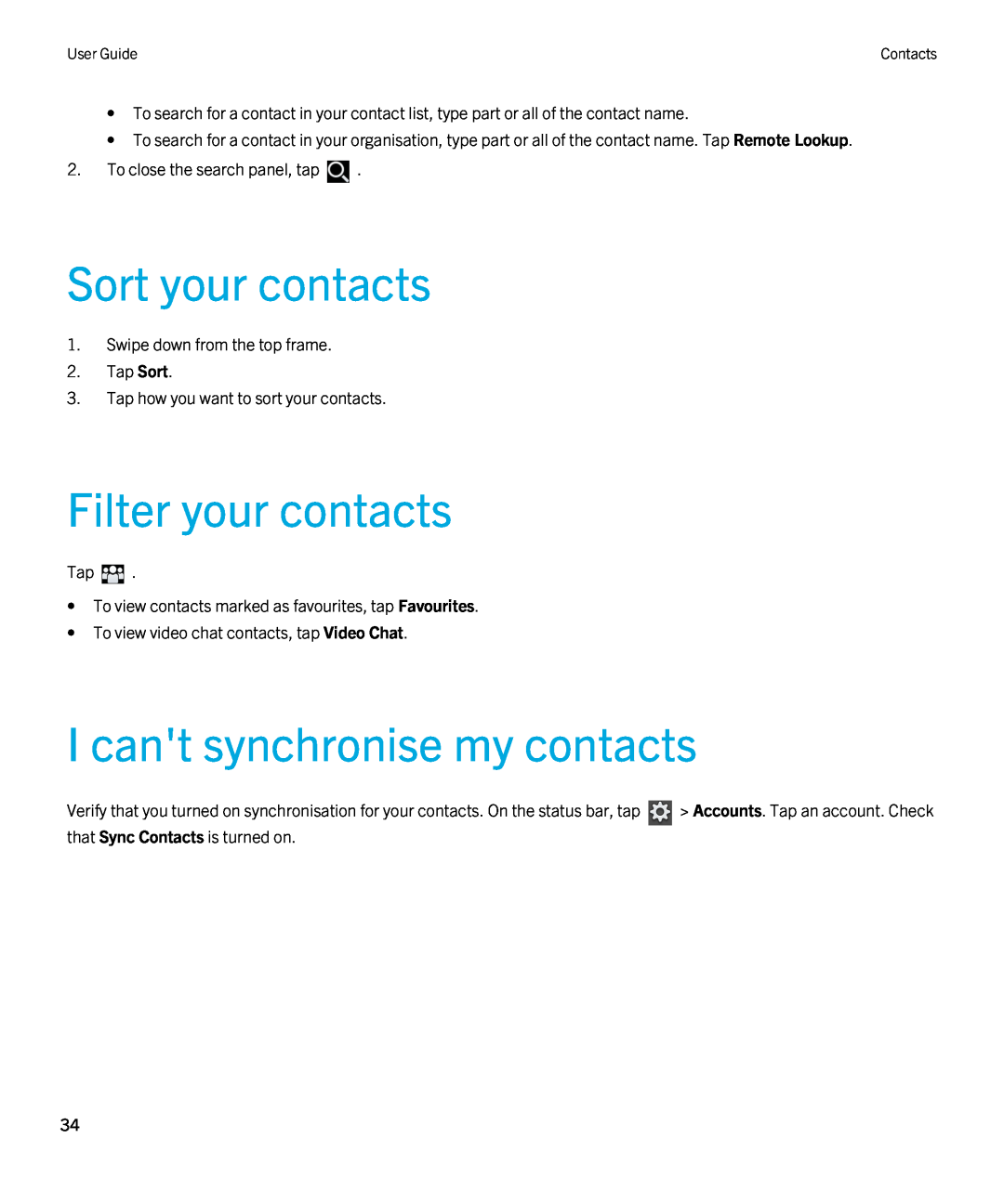 Blackberry 2.0.1 manual Sort your contacts, Filter your contacts, I cant synchronise my contacts 