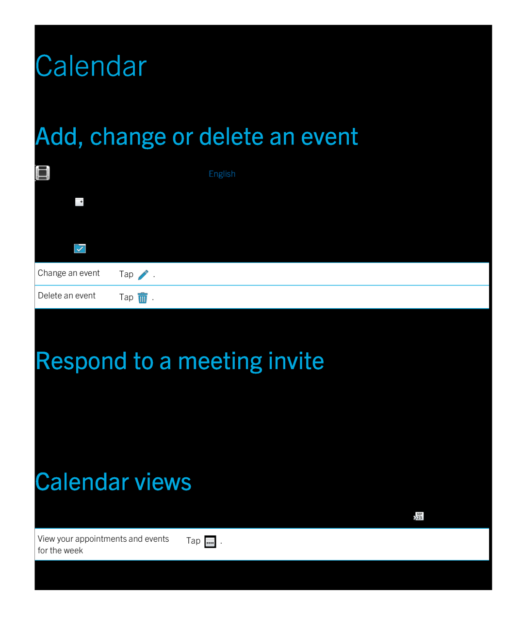 Blackberry 2.0.1 manual Add, change or delete an event, Respond to a meeting invite, Calendar views 