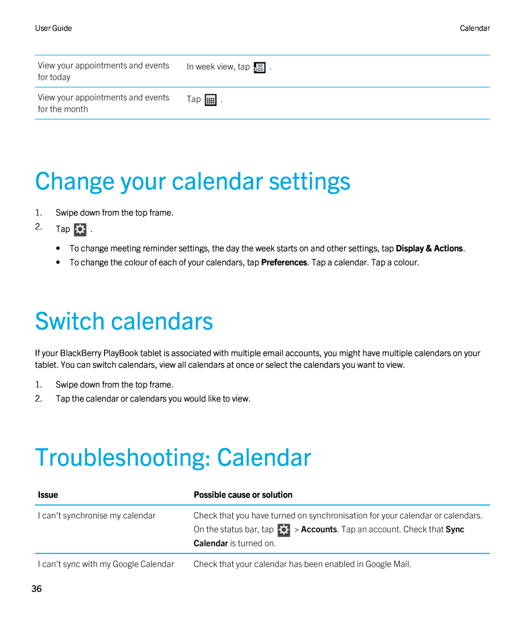 Blackberry 2.0.1 Change your calendar settings, Switch calendars, Troubleshooting Calendar, Issue, User GuideCalendar 
