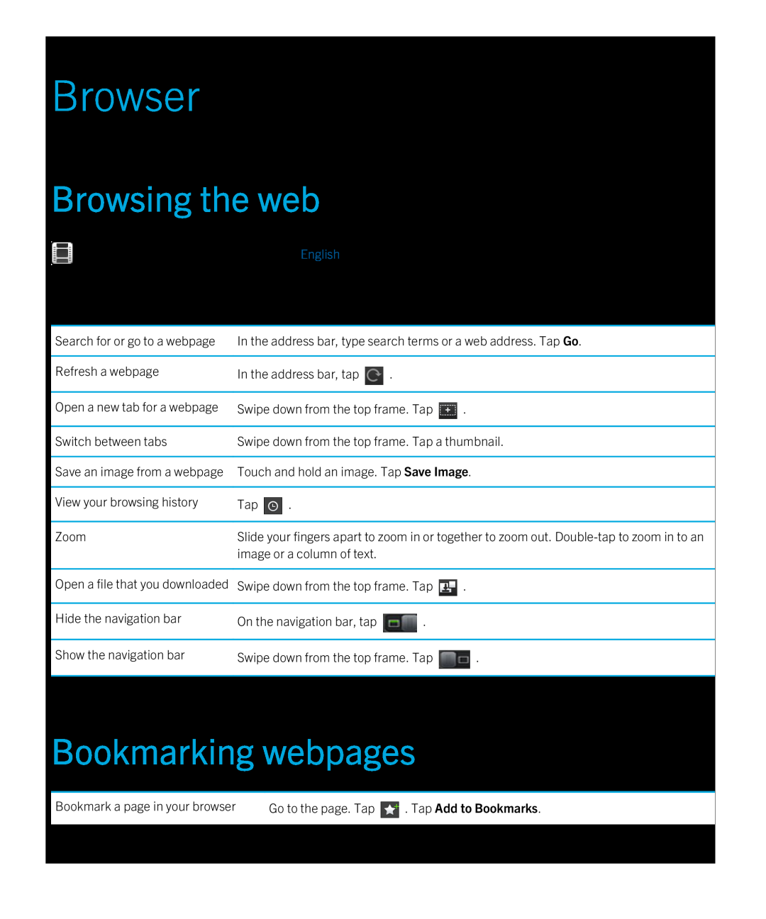 Blackberry 2.0.1 manual Browser, Browsing the web, Bookmarking webpages 