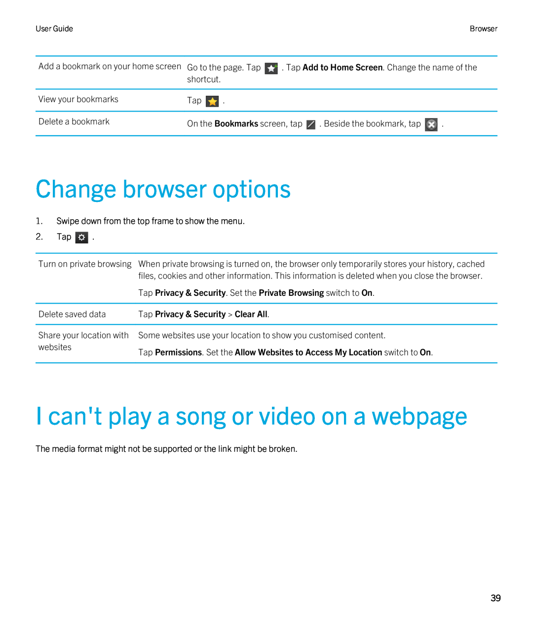 Blackberry 2.0.1 manual Change browser options, I cant play a song or video on a webpage, Tap Privacy & Security Clear All 