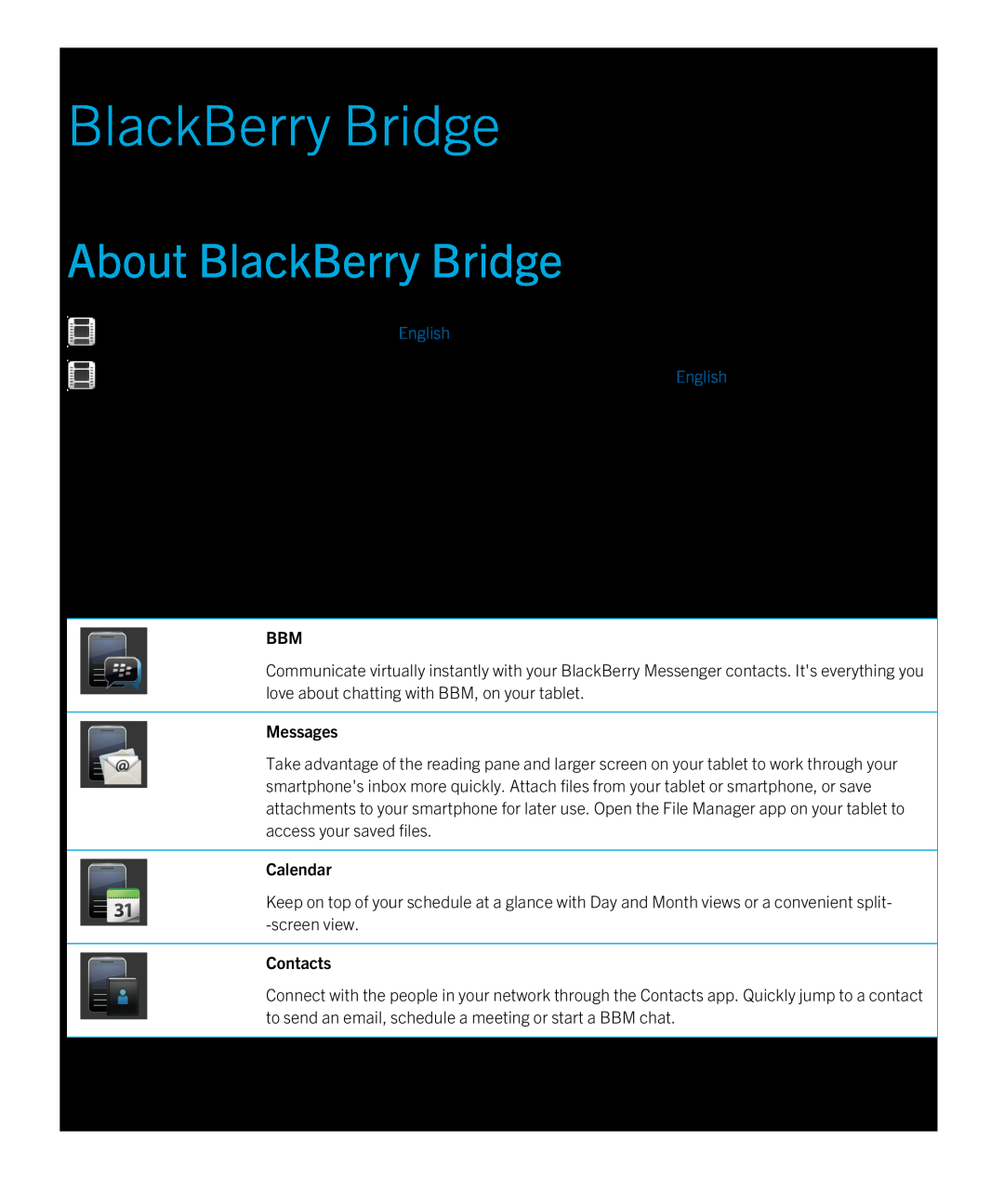 Blackberry 2.0.1 manual About BlackBerry Bridge, Messages, Calendar, Contacts 