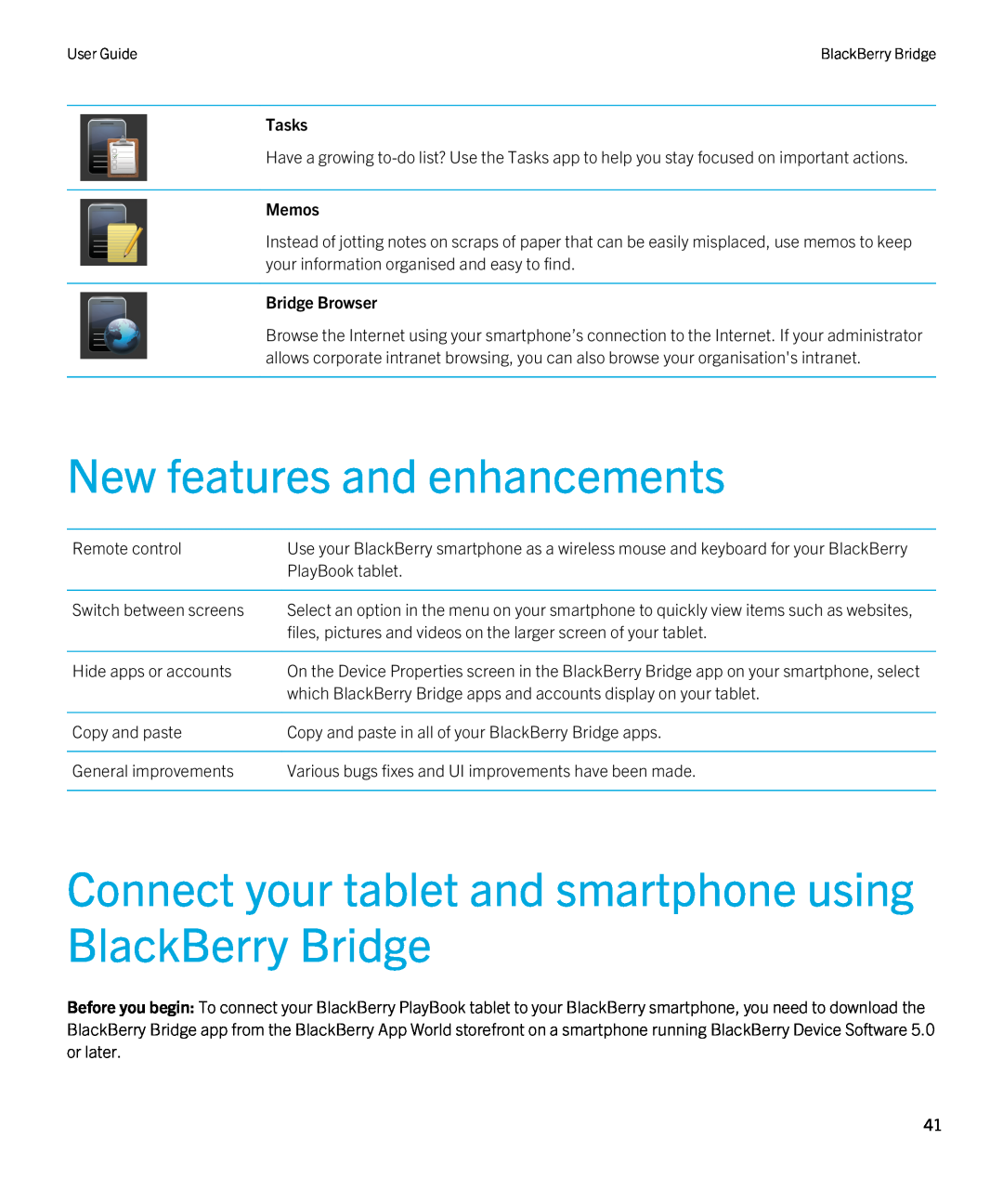Blackberry 2.0.1 New features and enhancements, Connect your tablet and smartphone using BlackBerry Bridge, Tasks, Memos 