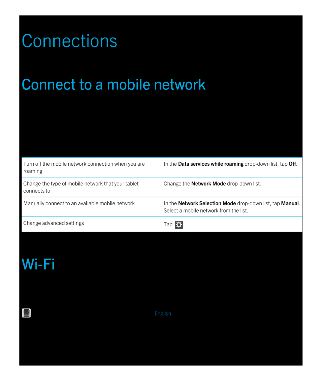 Blackberry 2.0.1 manual Connections, Connect to a mobile network, Connect to a Wi-Fi network, Tap Mobile Network 