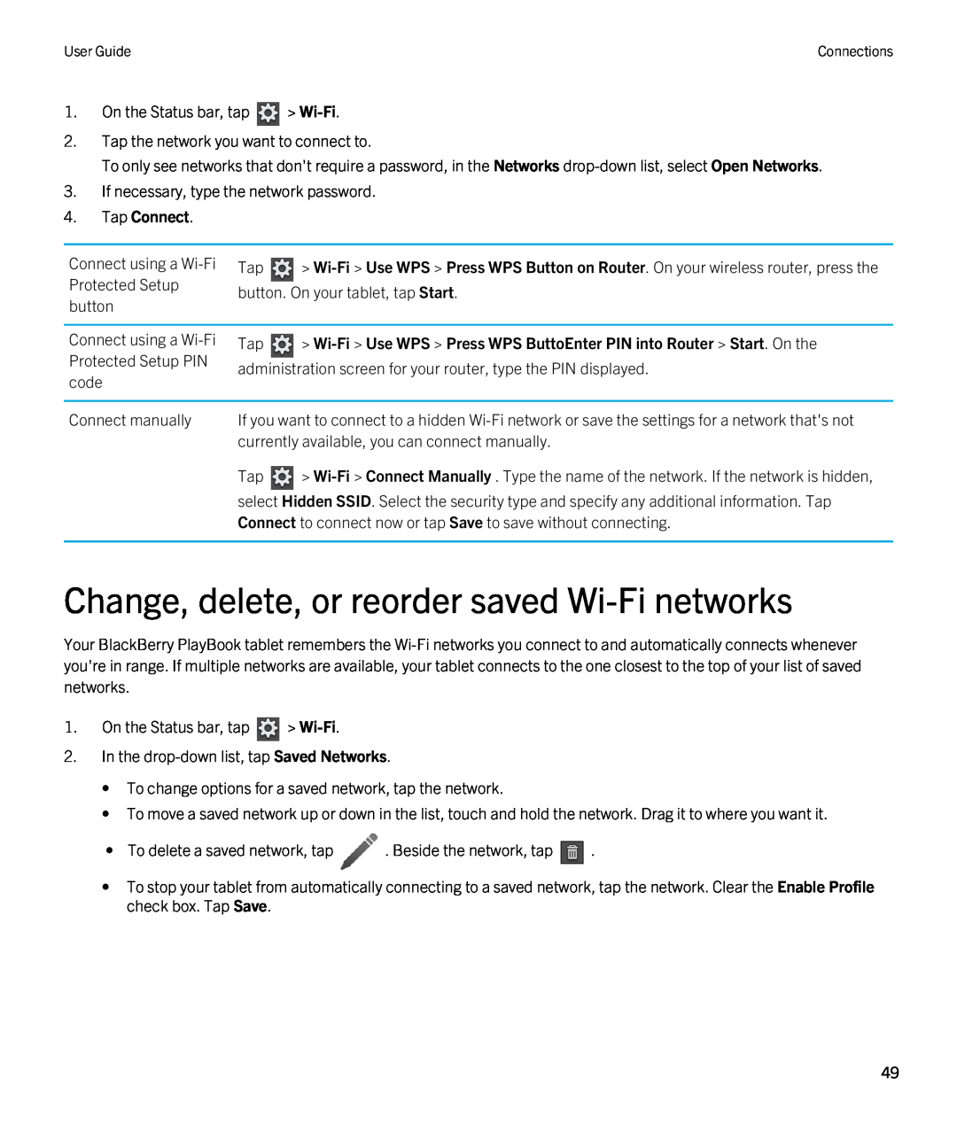 Blackberry 2.0.1 manual Change, delete, or reorder saved Wi-Fi networks, Tap Connect 
