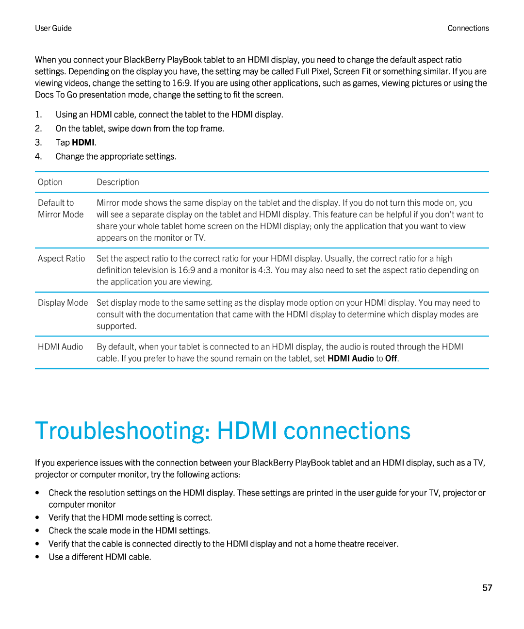 Blackberry 2.0.1 manual Troubleshooting HDMI connections 