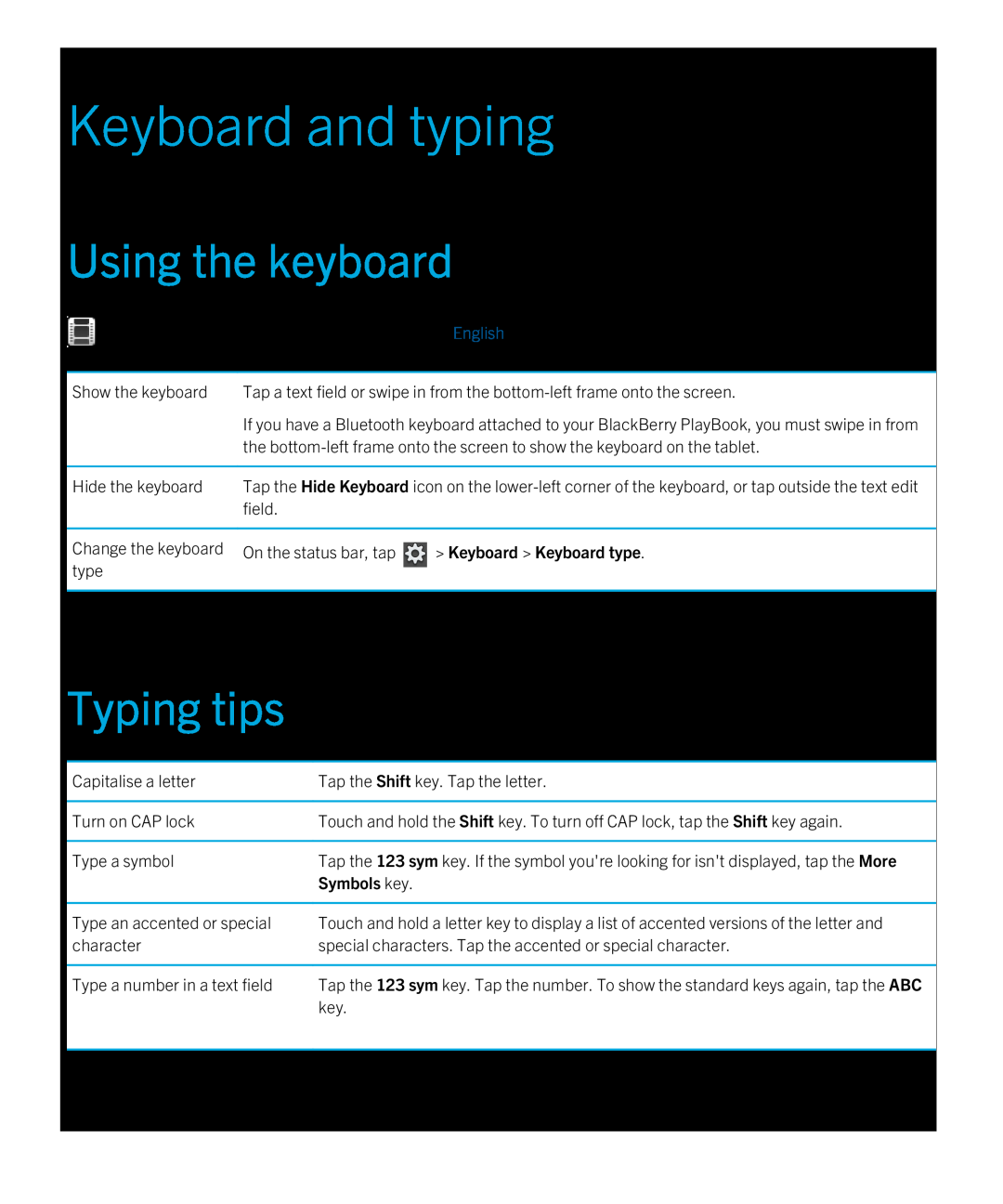 Blackberry 2.0.1 manual Keyboard and typing, Using the keyboard, Typing tips, Keyboard Keyboard type, Symbols key 