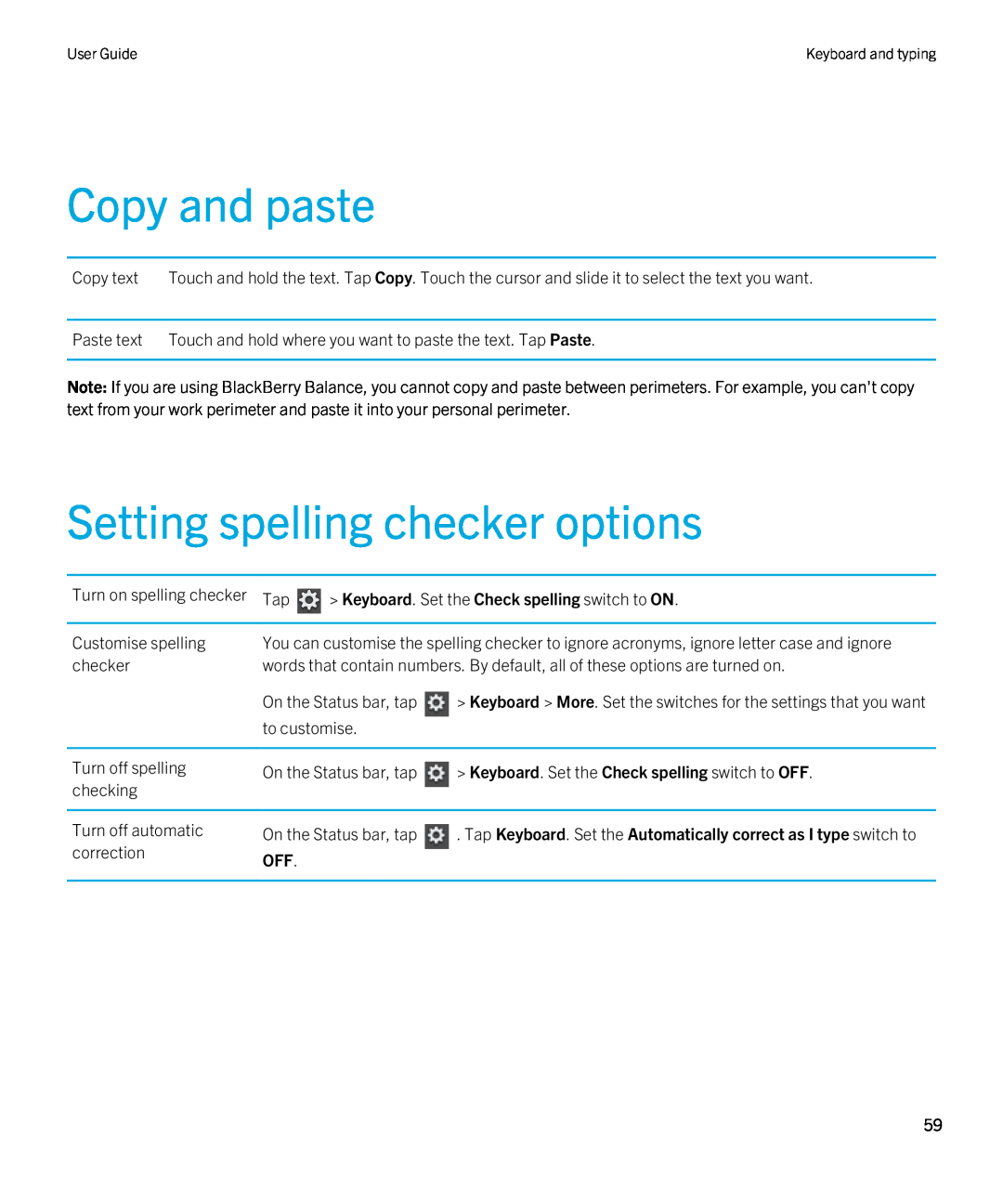 Blackberry 2.0.1 manual Copy and paste, Setting spelling checker options, Keyboard. Set the Check spelling switch to ON 