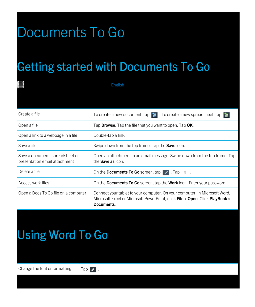 Blackberry 2.0.1 manual Getting started with Documents To Go, Using Word To Go 