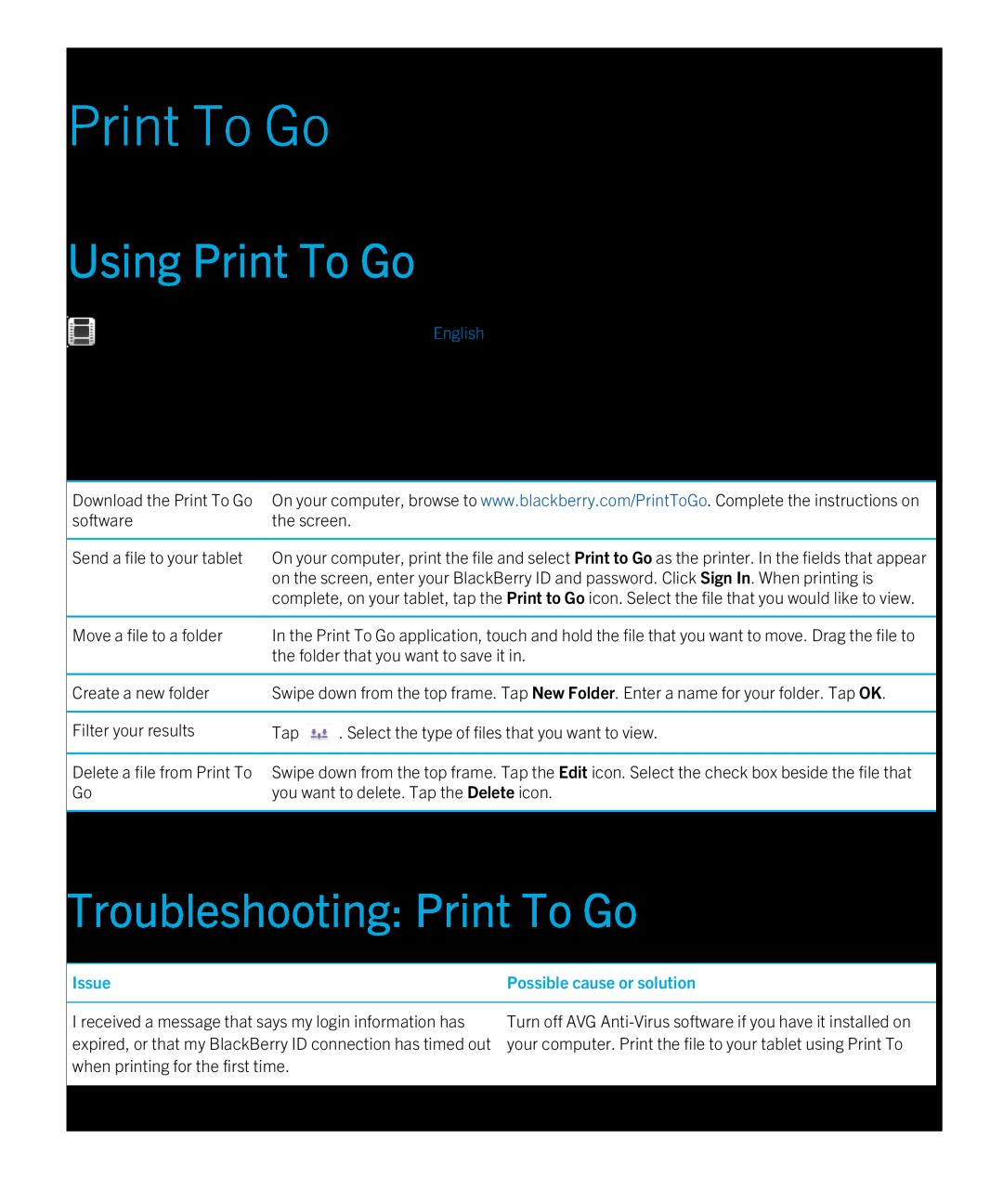 Blackberry 2.0.1 manual Using Print To Go, Troubleshooting Print To Go, Issue, Possible cause or solution 
