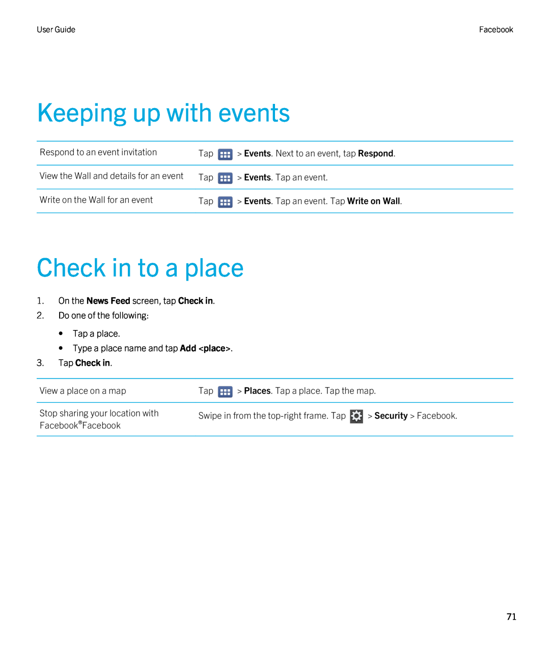 Blackberry 2.0.1 manual Keeping up with events, Check in to a place, Tap Check in 