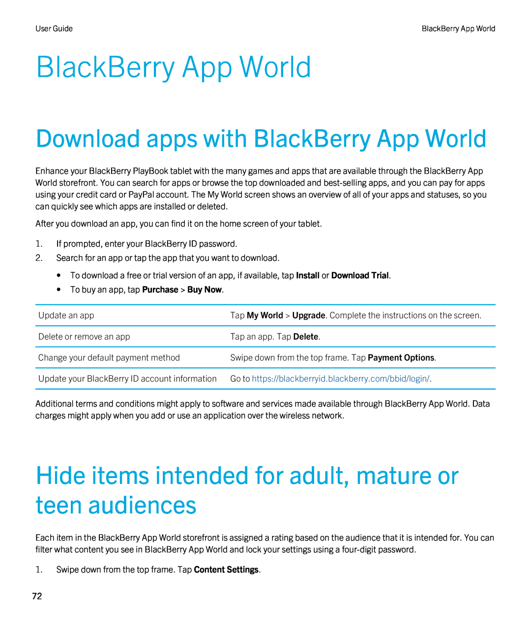 Blackberry 2.0.1 Download apps with BlackBerry App World, Hide items intended for adult, mature or teen audiences 