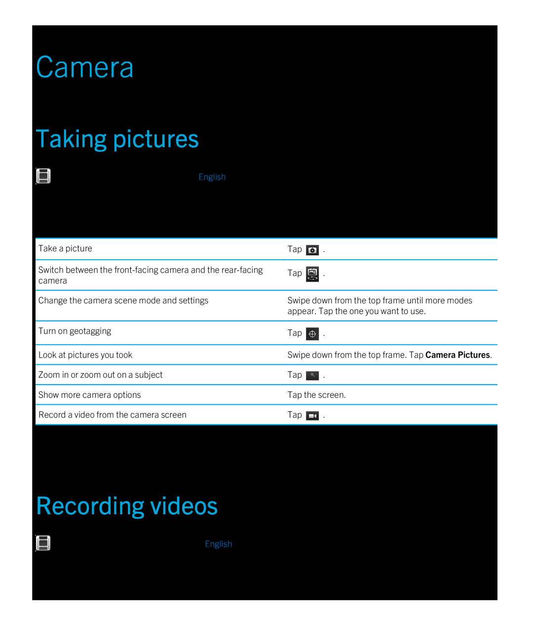 Blackberry 2.0.1 manual Camera, Taking pictures, Recording videos 