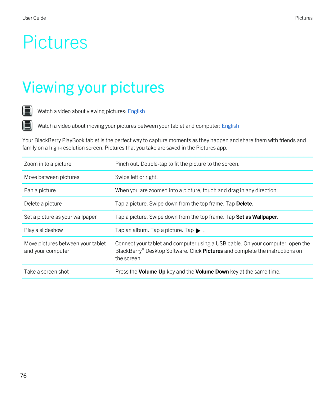 Blackberry 2.0.1 manual Pictures, Viewing your pictures 
