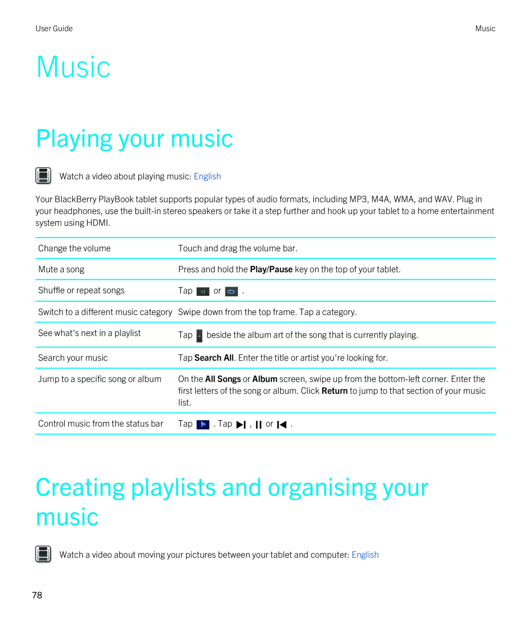 Blackberry 2.0.1 manual Music, Playing your music, Creating playlists and organising your music 
