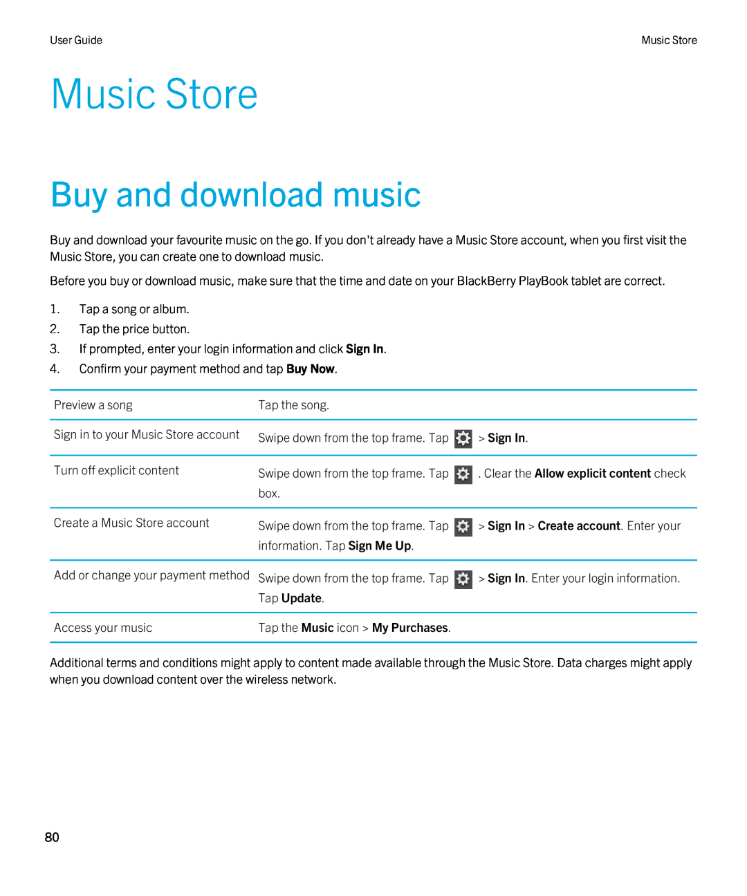 Blackberry 2.0.1 manual Music Store, Buy and download music, Sign In Create account. Enter your, Tap Update 