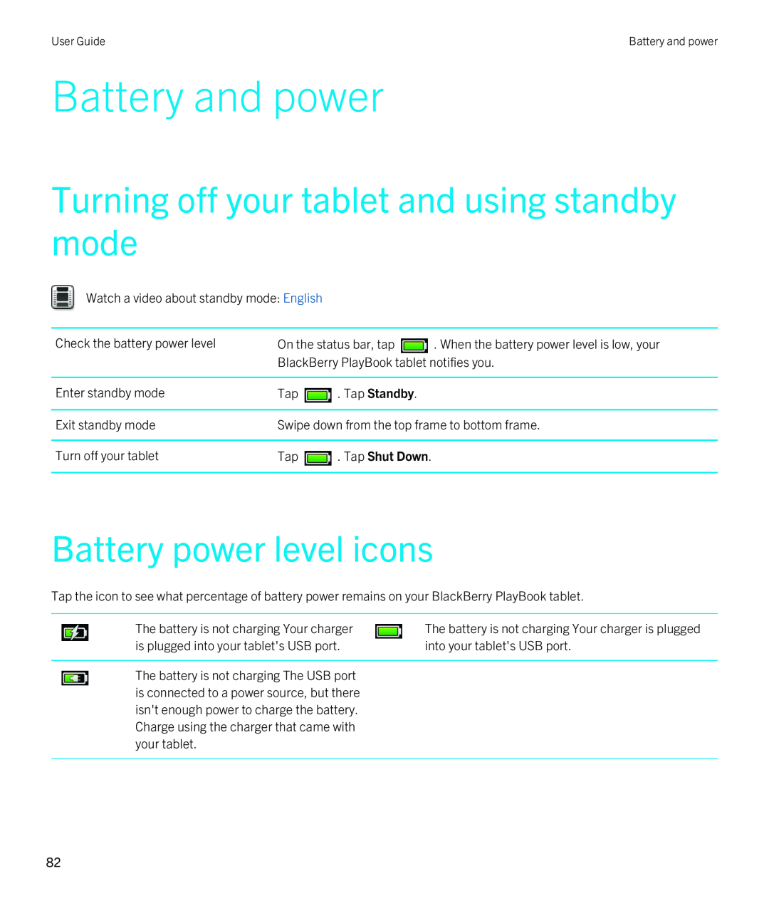 Blackberry 2.0.1 manual Battery and power, Turning off your tablet and using standby mode, Battery power level icons 