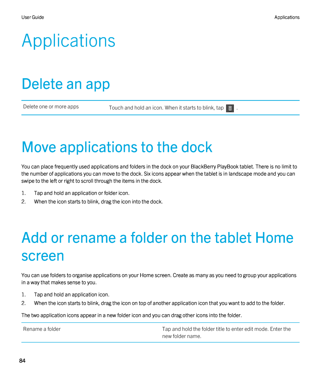 Blackberry 2.0.1 manual Applications, Delete an app, Move applications to the dock 