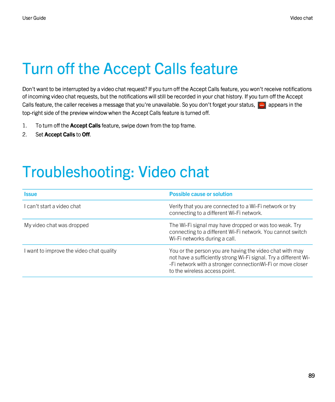 Blackberry 2.0.1 manual Turn off the Accept Calls feature, Troubleshooting Video chat, Set Accept Calls to Off, Issue 