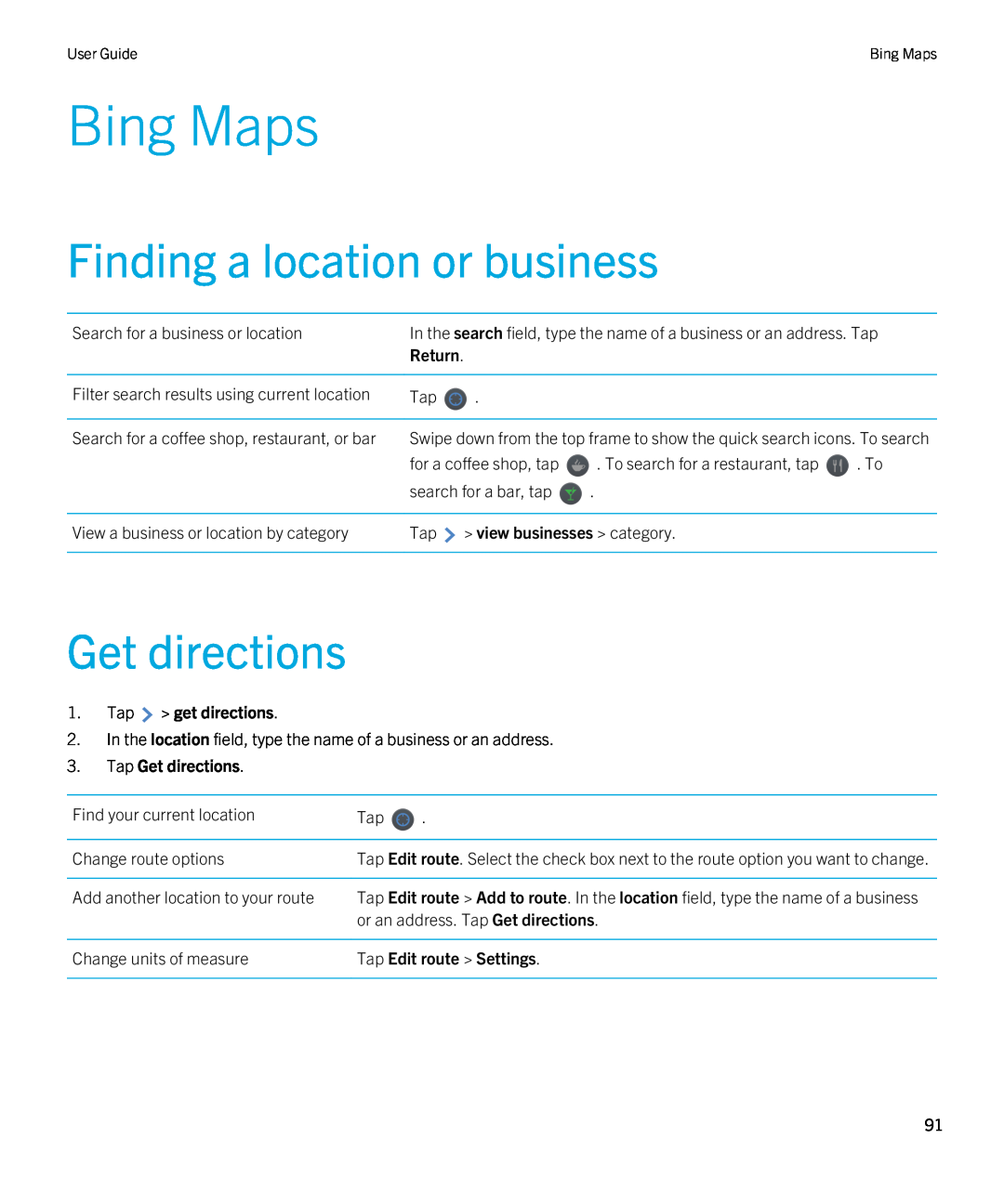 Blackberry 2.0.1 manual Bing Maps, Finding a location or business, Return, Tap get directions, Tap Get directions 