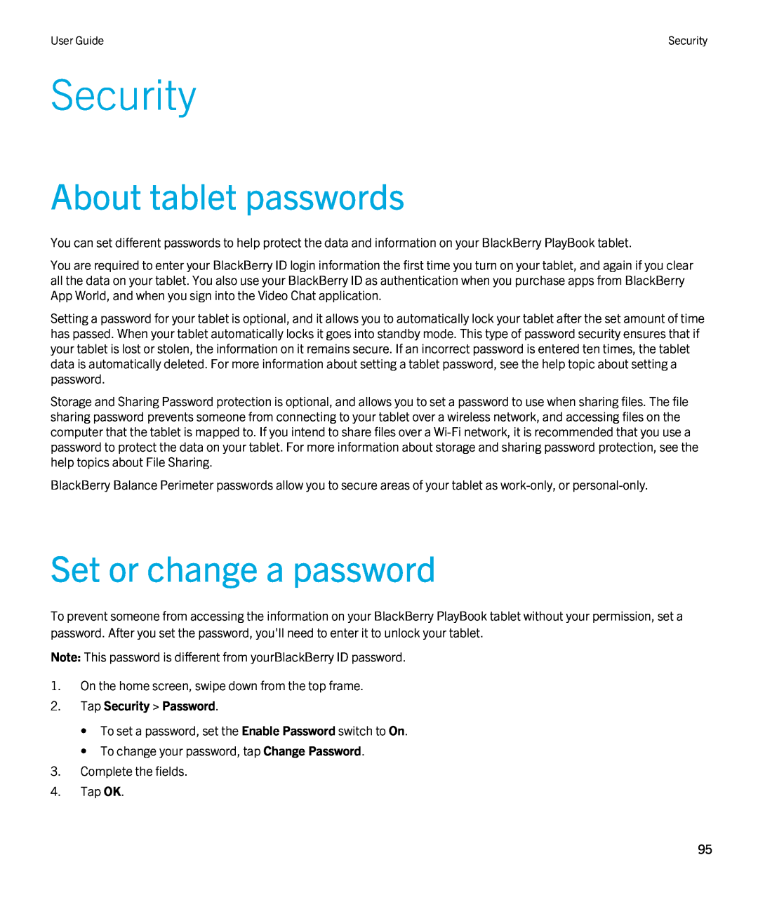 Blackberry 2.0.1 manual About tablet passwords, Set or change a password, Tap Security Password 