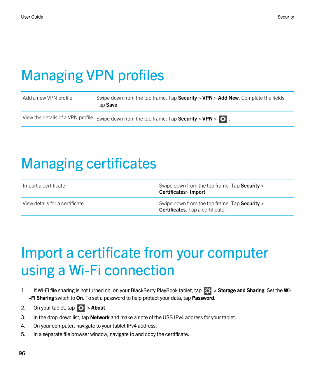 Blackberry 2.0.1 manual Managing VPN profiles, Managing certificates, Certificates Import 