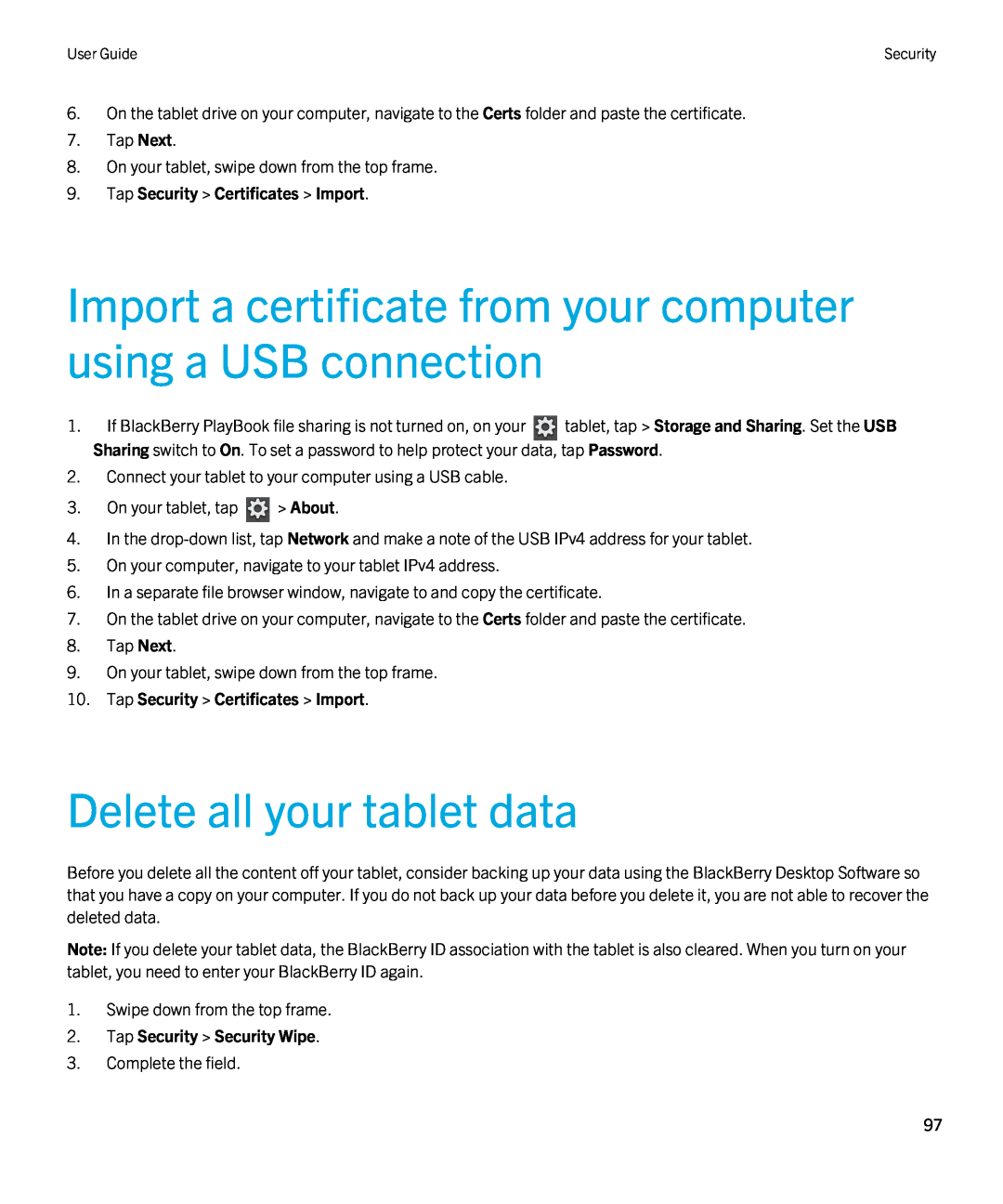 Blackberry 2.0.1 manual Import a certificate from your computer using a USB connection, Delete all your tablet data 
