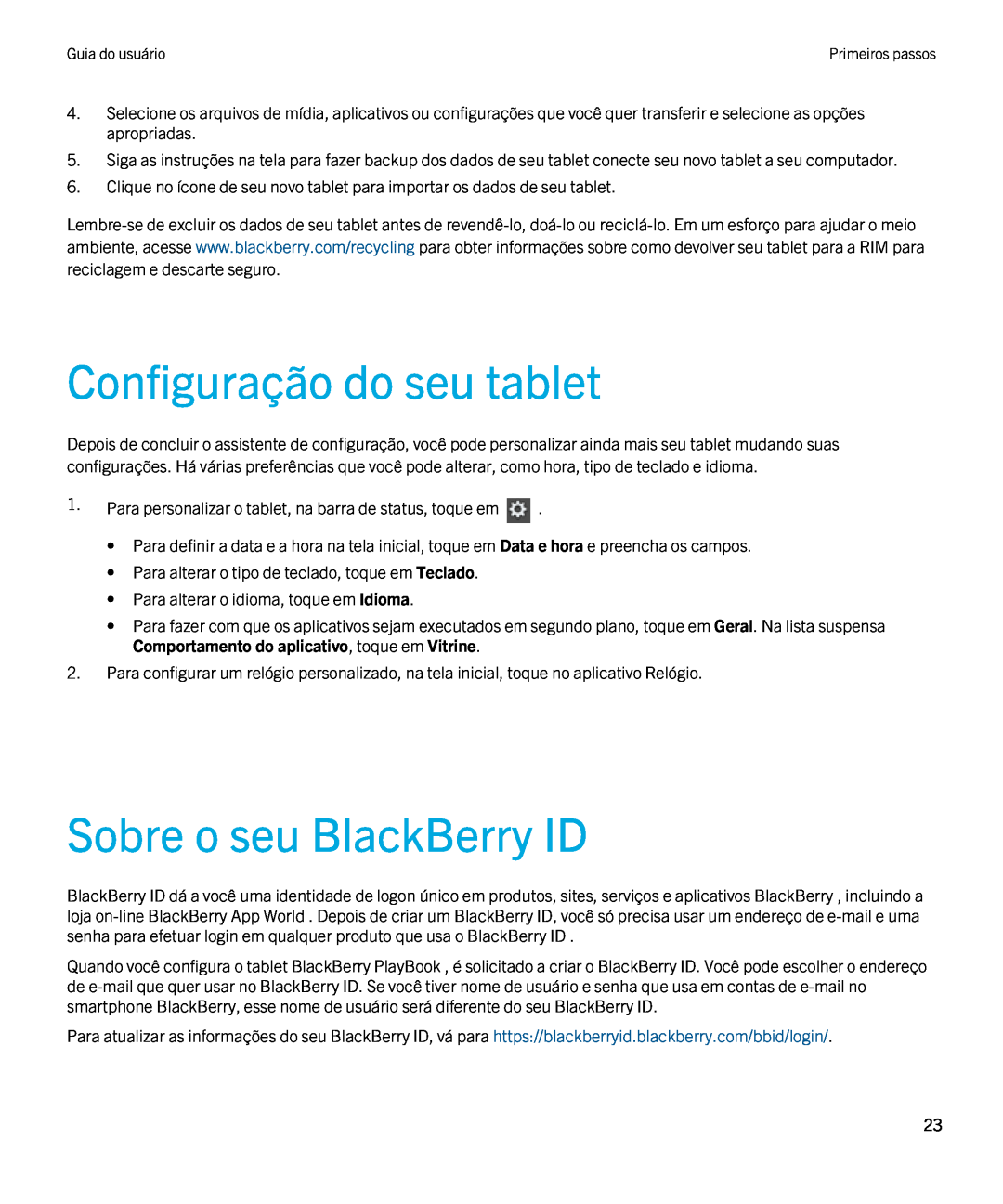 Blackberry 2.0.1 manual Configuração do seu tablet, Sobre o seu BlackBerry ID 