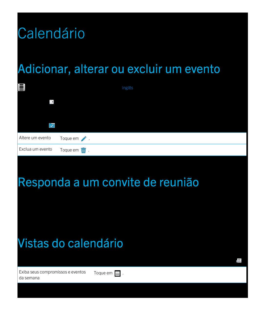 Blackberry 2.0.1 manual Calendário, Adicionar, alterar ou excluir um evento, Responda a um convite de reunião 