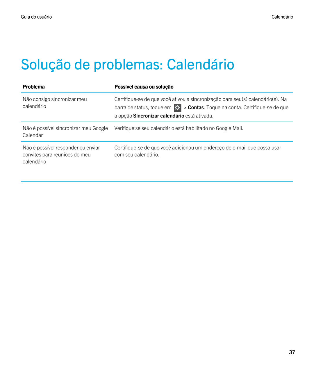 Blackberry 2.0.1 manual Solução de problemas Calendário, a opção Sincronizar calendário está ativada, Problema 