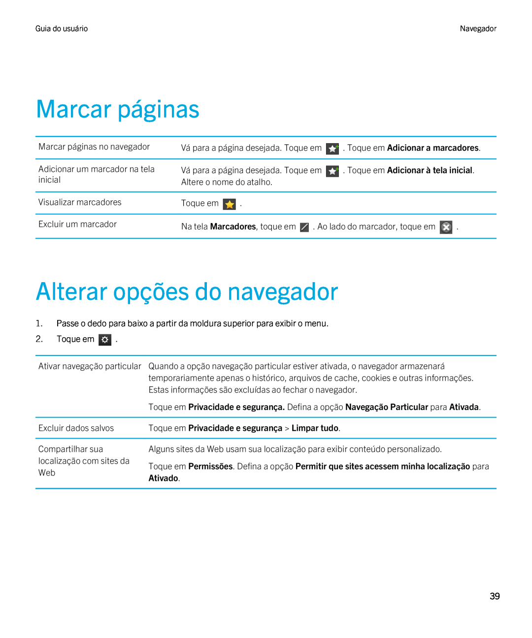 Blackberry 2.0.1 manual Marcar páginas, Alterar opções do navegador, Toque em Adicionar a marcadores, Ativado 