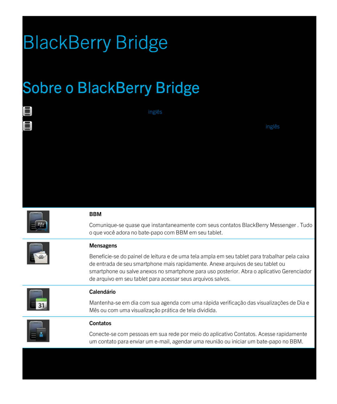 Blackberry 2.0.1 manual Sobre o BlackBerry Bridge, Calendário, Contatos, Mensagens 