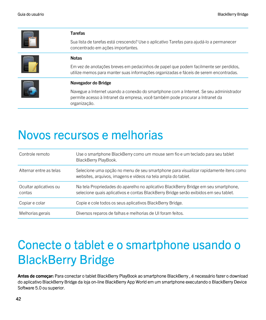 Blackberry 2.0.1 Novos recursos e melhorias, Conecte o tablet e o smartphone usando o BlackBerry Bridge, Tarefas, Notas 