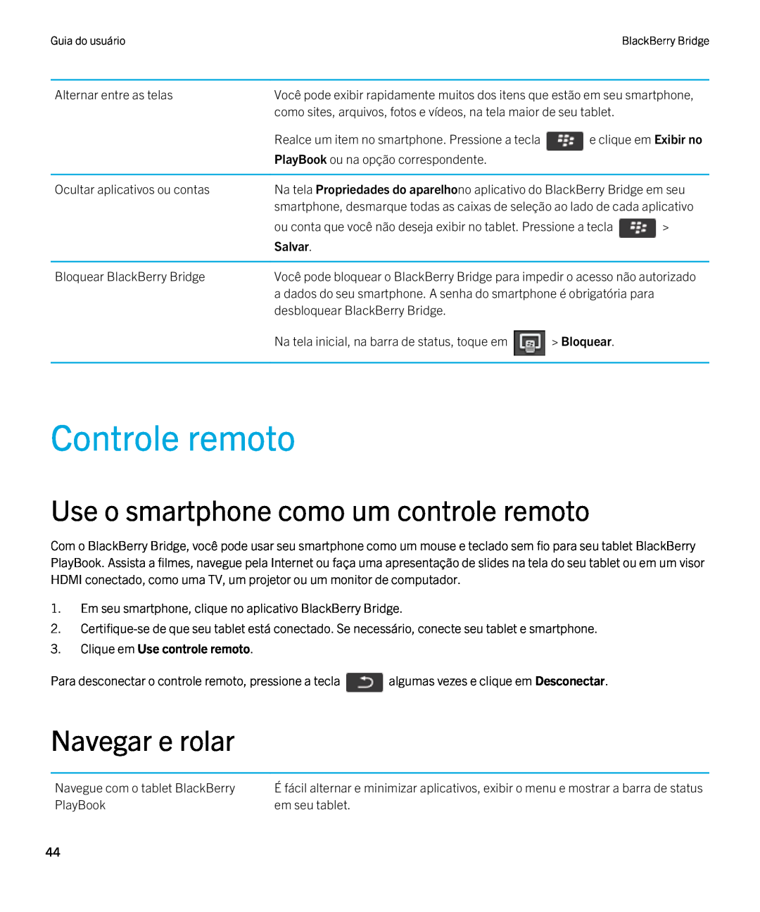 Blackberry 2.0.1 manual Controle remoto, Use o smartphone como um controle remoto, Navegar e rolar, Salvar, Bloquear 
