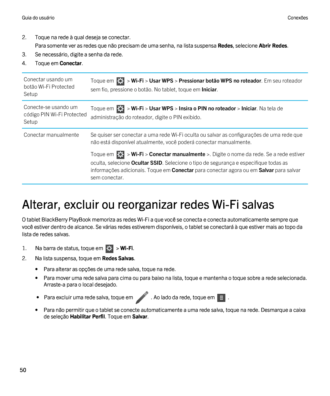 Blackberry 2.0.1 manual Alterar, excluir ou reorganizar redes Wi-Fi salvas 