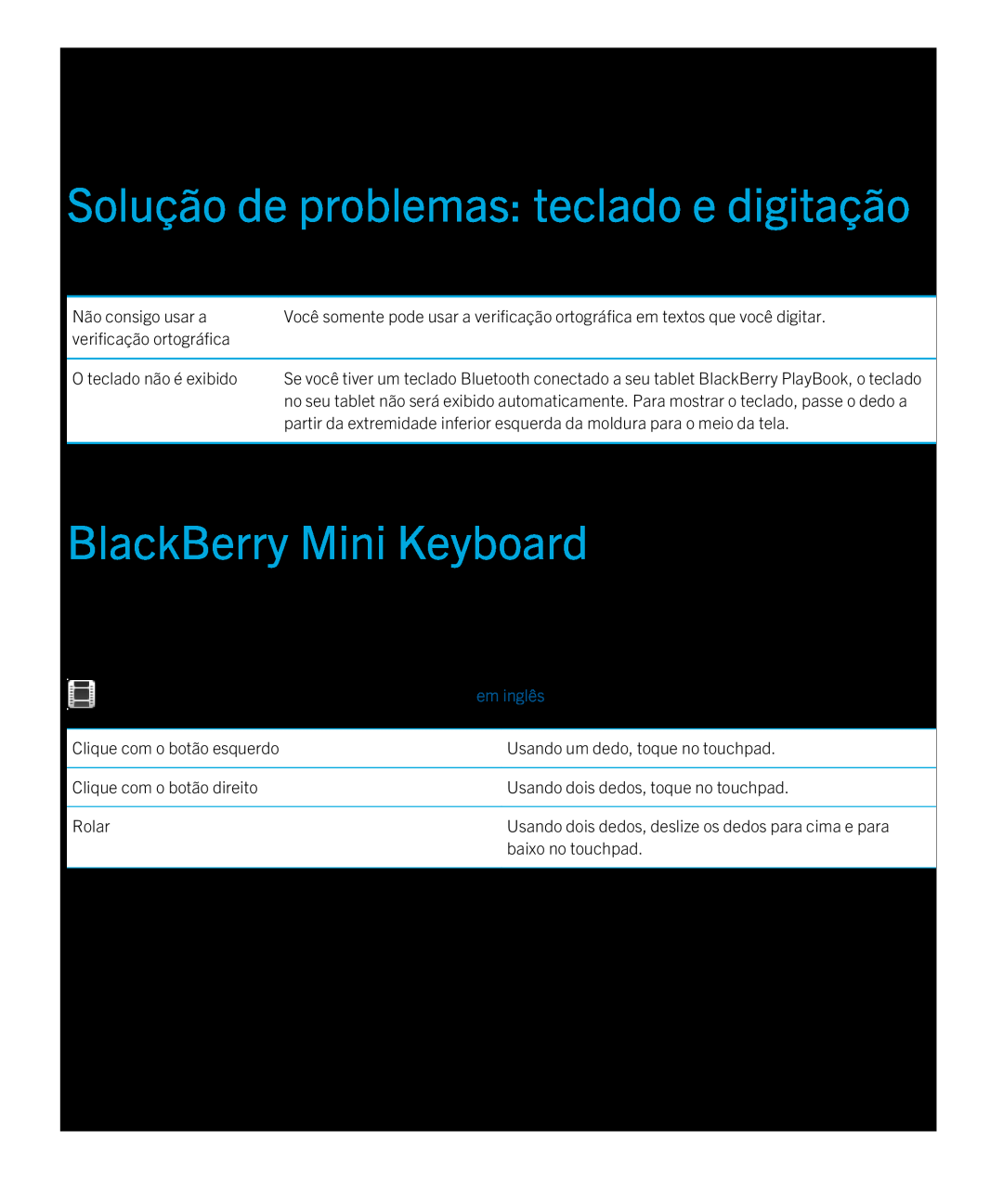 Blackberry 2.0.1 Solução de problemas teclado e digitação, BlackBerry Mini Keyboard, Problema, Possível causa ou solução 