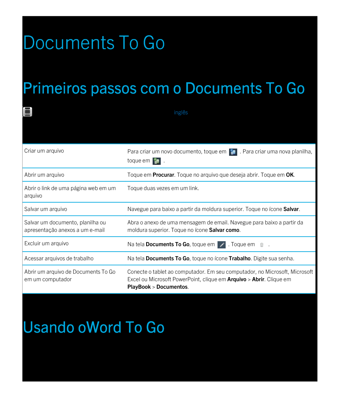 Blackberry 2.0.1 manual Primeiros passos com o Documents To Go, Usando oWord To Go, PlayBook Documentos 