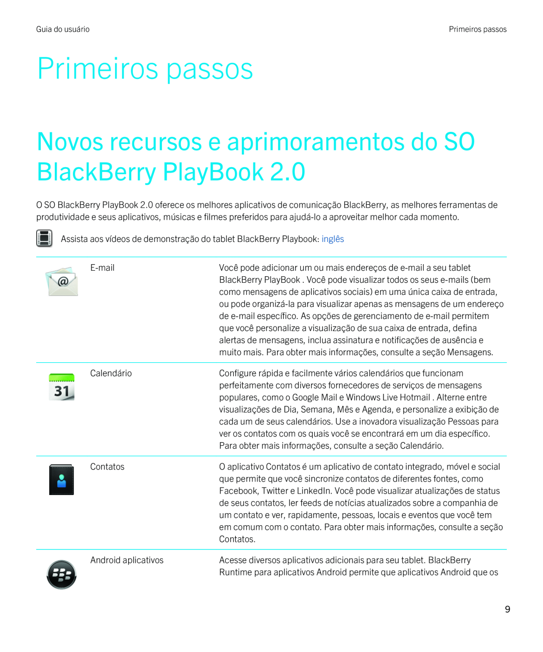 Blackberry 2.0.1 manual Primeiros passos, Novos recursos e aprimoramentos do SO BlackBerry PlayBook 