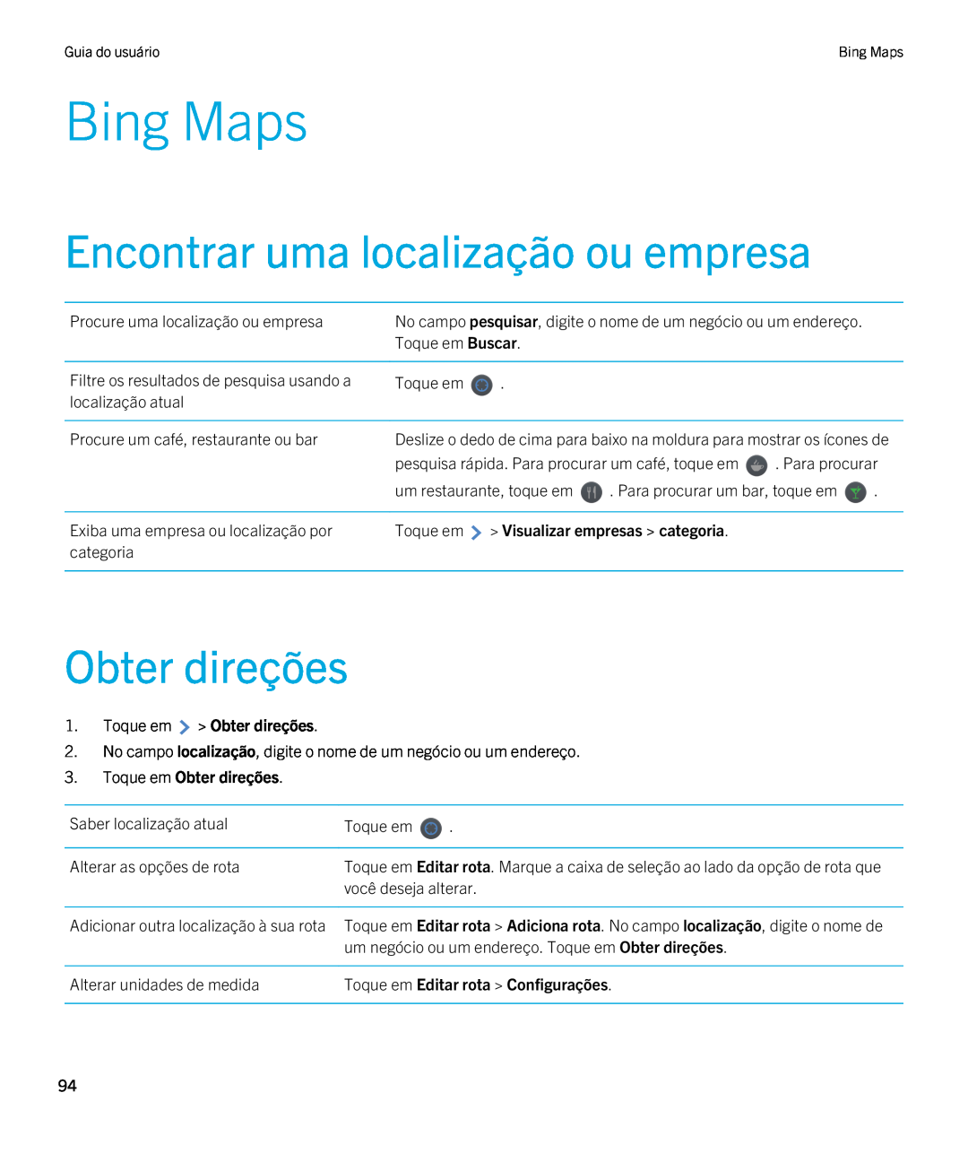 Blackberry 2.0.1 manual Bing Maps, Encontrar uma localização ou empresa, Obter direções, Visualizar empresas categoria 