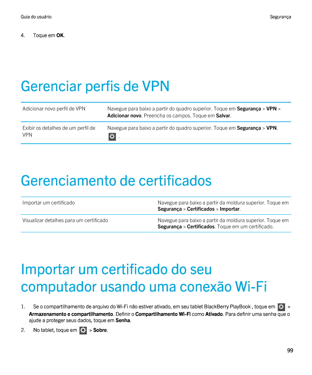 Blackberry 2.0.1 manual Gerenciar perfis de VPN, Gerenciamento de certificados, Segurança Certificados Importar 