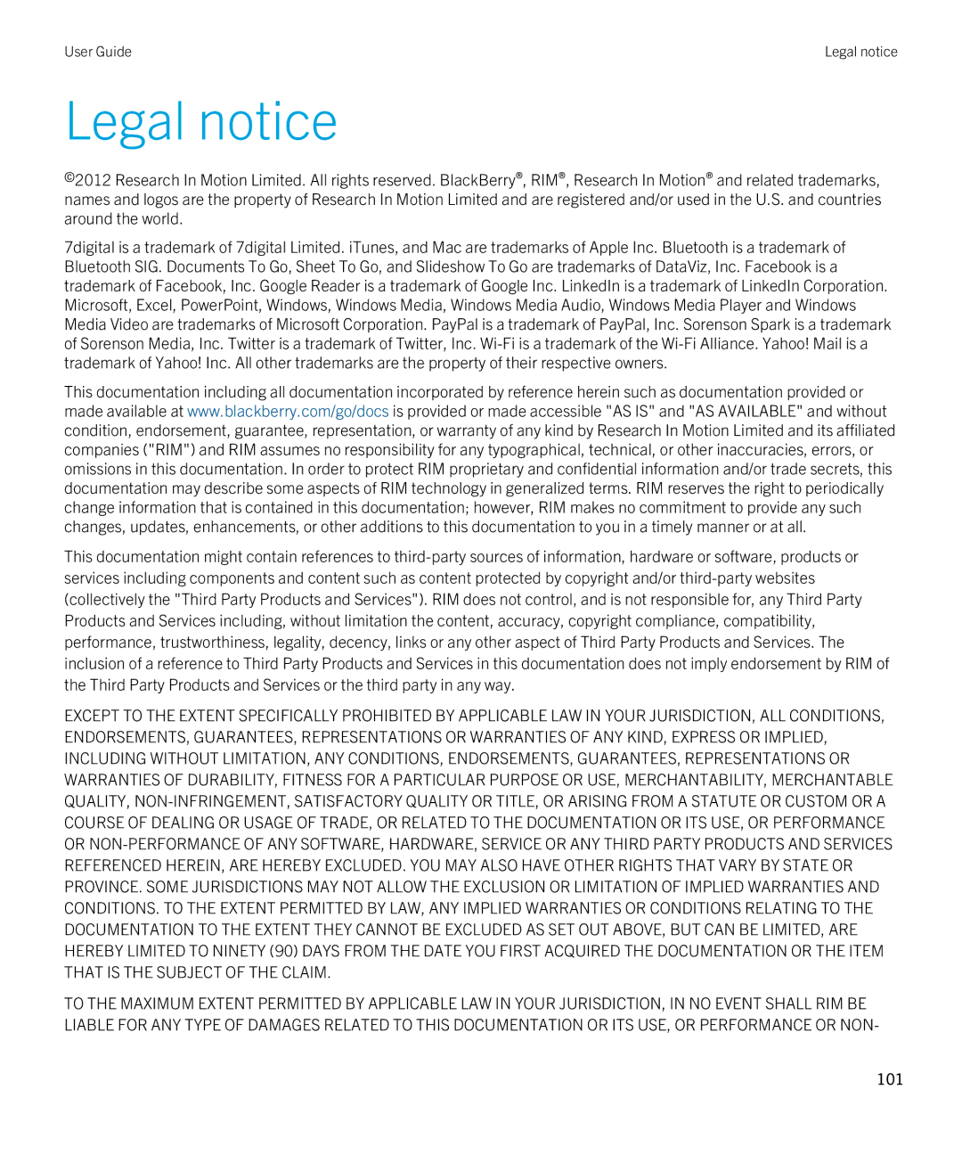 Blackberry 2.0.1 manual Legal notice, 101 