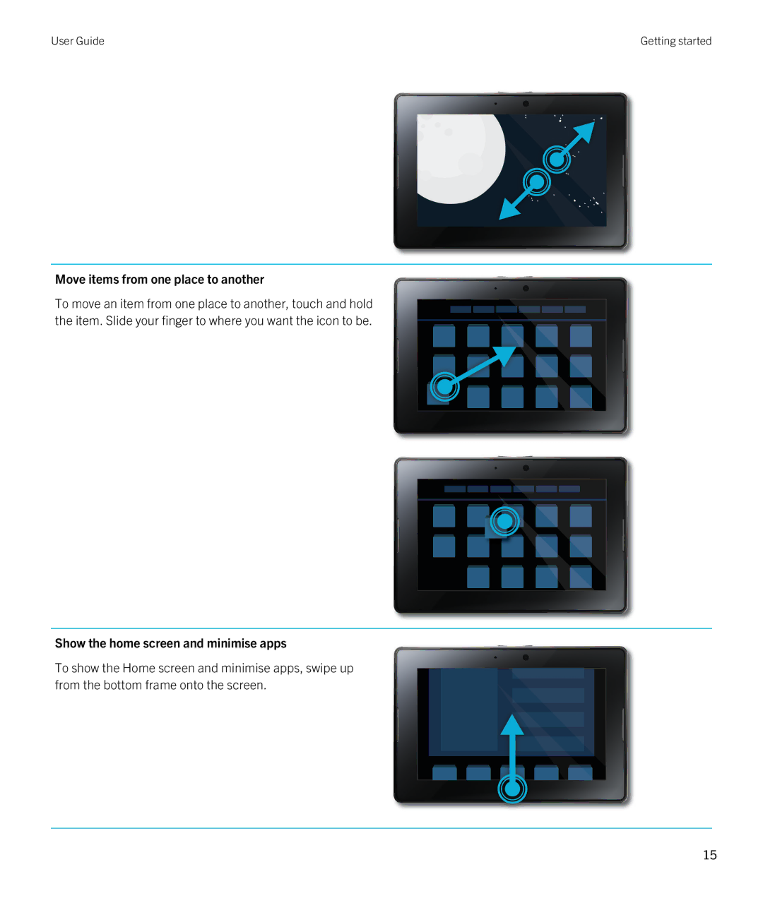 Blackberry 2.0.1 manual Move items from one place to another, Show the home screen and minimise apps 