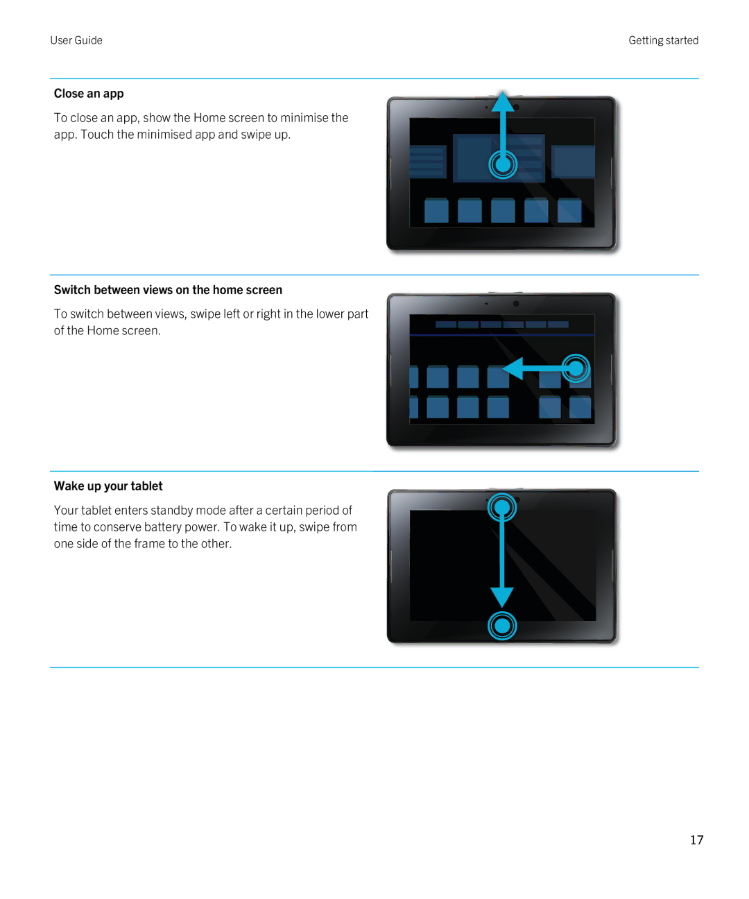 Blackberry 2.0.1 manual Close an app, Switch between views on the home screen, Wake up your tablet 